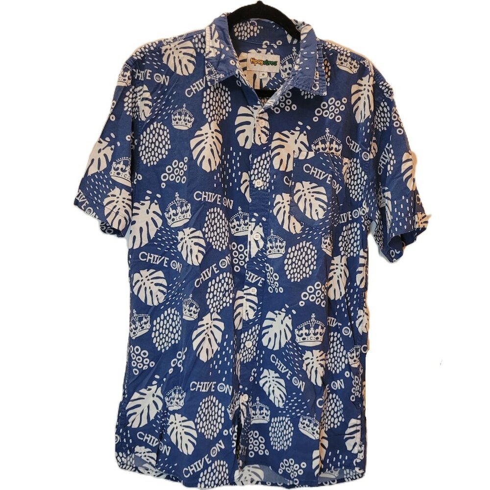 Tipsy Elves Short Sleeve Button Up Blue White Leaves Chive On Sz